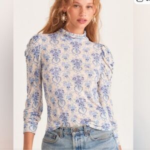 LoveShackFancy Cream and Blue Floral Mock-Neck Top